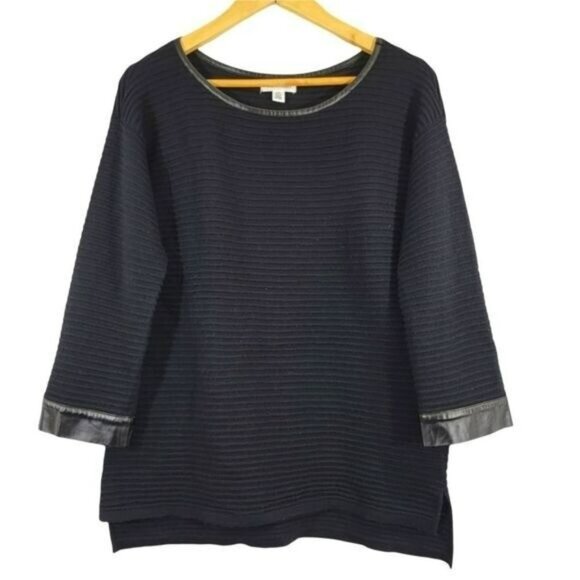 Calvin‎ Klein Shirt Wool Blend Ribbed Top Black Faux Leather Trim Womens Small - Picture 1 of 8